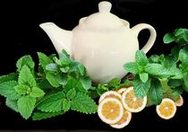 photo of a white teapot surrounded by green lemon balm leaves and a few halved lemons