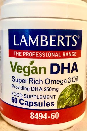 Photo of a bottle labeled "vegan DHA"