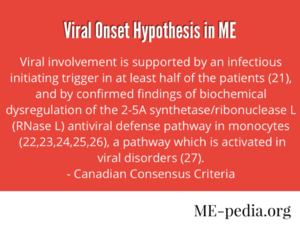 Viral Onset Hypothesis in ME. Viral involvement is supported by an infectious initiating trigger in at least half of the patients (21), and by confirmed findings of biochemical dysregulation of the 2-5A synthetase/ribonuclease L (RNase L) antiviral defense pathway in monocytes (22,23,24,25,26), a pathway which is activated in viral disorders (27). - Canadian Consensus Criteria