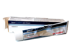 Well-used tube of capsaicin cream, Zacin brand name.